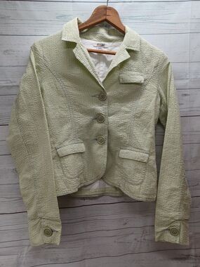At Last Seersucker Striped Blazer Jacket Lined Girls Green White Striped Sz S